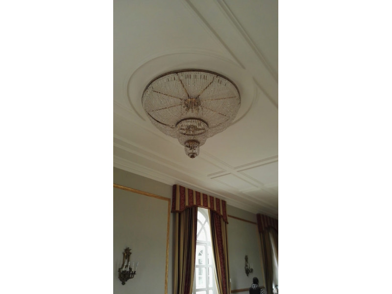 PLAFONNIER LUSTRE-CORBEILLE Napoléon III FEUILLES ACANTHE PERLES BRONZE CRISTAL